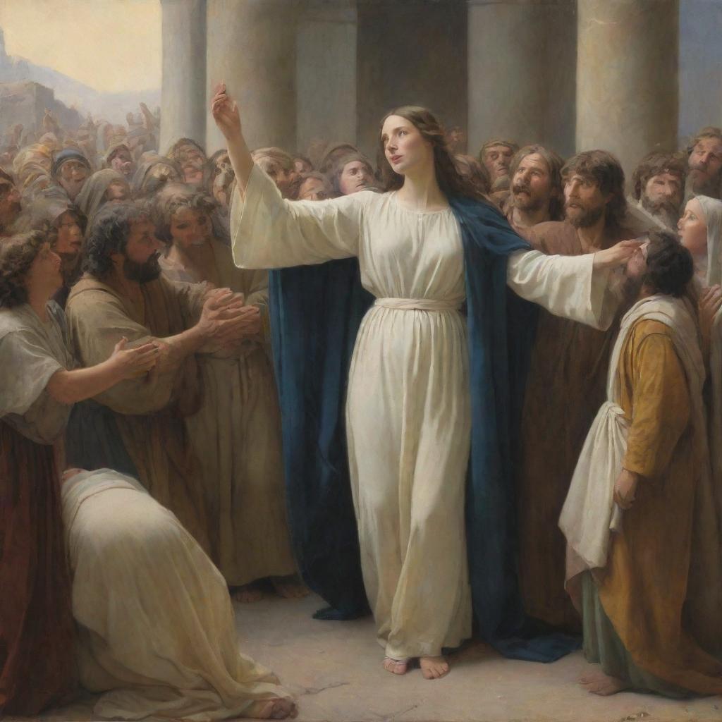 Carl Bloch style painting of the biblical moment where a woman in the midst of a crowd reaches out to touch Christ's cloak