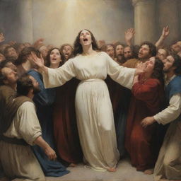 Carl Bloch style painting of the biblical moment where a woman in the midst of a crowd reaches out to touch Christ's cloak