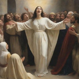 Carl Bloch style painting of the biblical moment where a woman in the midst of a crowd reaches out to touch Christ's cloak