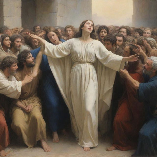 Carl Bloch style painting of the biblical moment where a woman in the midst of a crowd reaches out to touch Christ's cloak