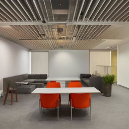 An office interior occupying a 14 by 10 feet area. The design includes a single table with two chairs on one side and three chairs on the opposite side for clients. The room also features two sofas.