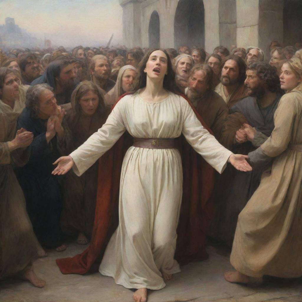 In the style of Carl Bloch, depict a scene where a woman on the ground reaches out to touch Christ's cloak as he walks through a crowd