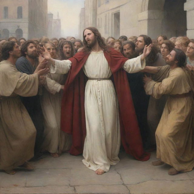 In the style of Carl Bloch, depict a scene where a woman on the ground reaches out to touch Christ's cloak as he walks through a crowd