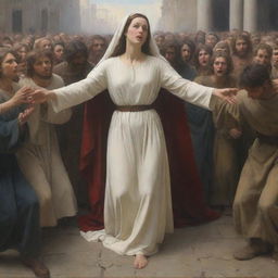 In the style of Carl Bloch, depict a scene where a woman on the ground reaches out to touch Christ's cloak as he walks through a crowd