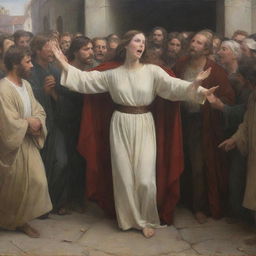 In the style of Carl Bloch, depict a scene where a woman on the ground reaches out to touch Christ's cloak as he walks through a crowd