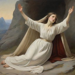 Artwork in the style of Carl Bloch, depicting a woman on the ground reaching out to touch Christ's cloak.