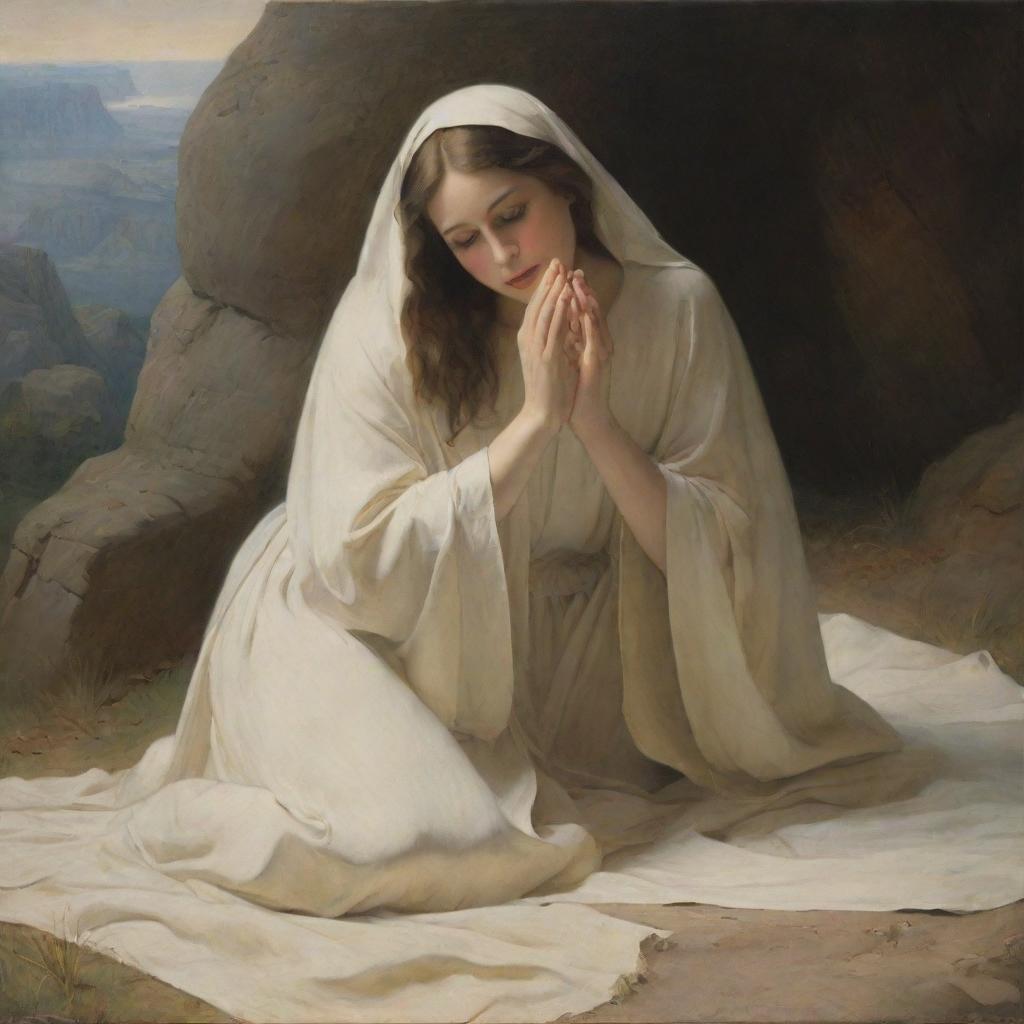 Artwork in the style of Carl Bloch, depicting a woman on the ground reaching out to touch Christ's cloak.