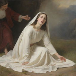 Artwork in the style of Carl Bloch, depicting a woman on the ground reaching out to touch Christ's cloak.