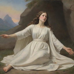 Artwork in the style of Carl Bloch, depicting a woman on the ground reaching out to touch Christ's cloak.