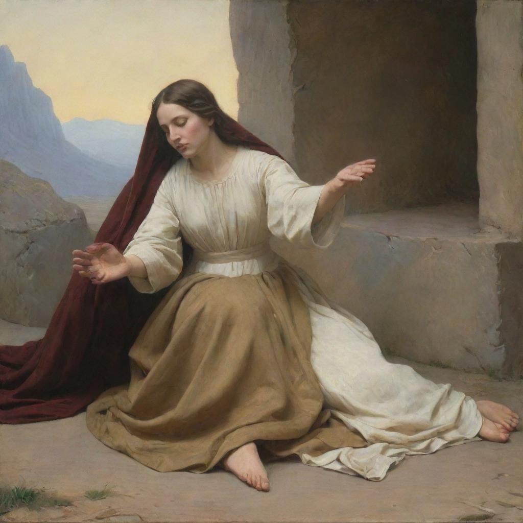 Carl Bloch-style scene featuring a woman on the ground, reaching to touch Christ's cloak