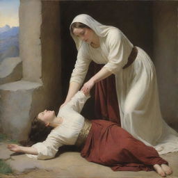 Carl Bloch-style scene featuring a woman on the ground, reaching to touch Christ's cloak