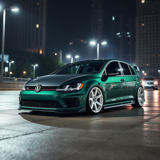 A dark green Mk7 Volkswagen Golf parked in a dimly lit urban environment at night