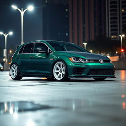 A dark green Mk7 Volkswagen Golf parked in a dimly lit urban environment at night