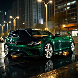 A dark green Mk7 Volkswagen Golf parked in a dimly lit urban environment at night