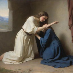 Carl Bloch-style scene featuring a woman on the ground, reaching to touch Christ's cloak