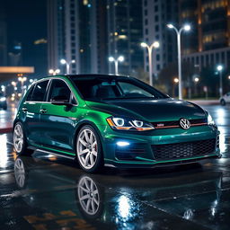 A dark green Mk7 Volkswagen Golf parked in a dimly lit urban environment at night