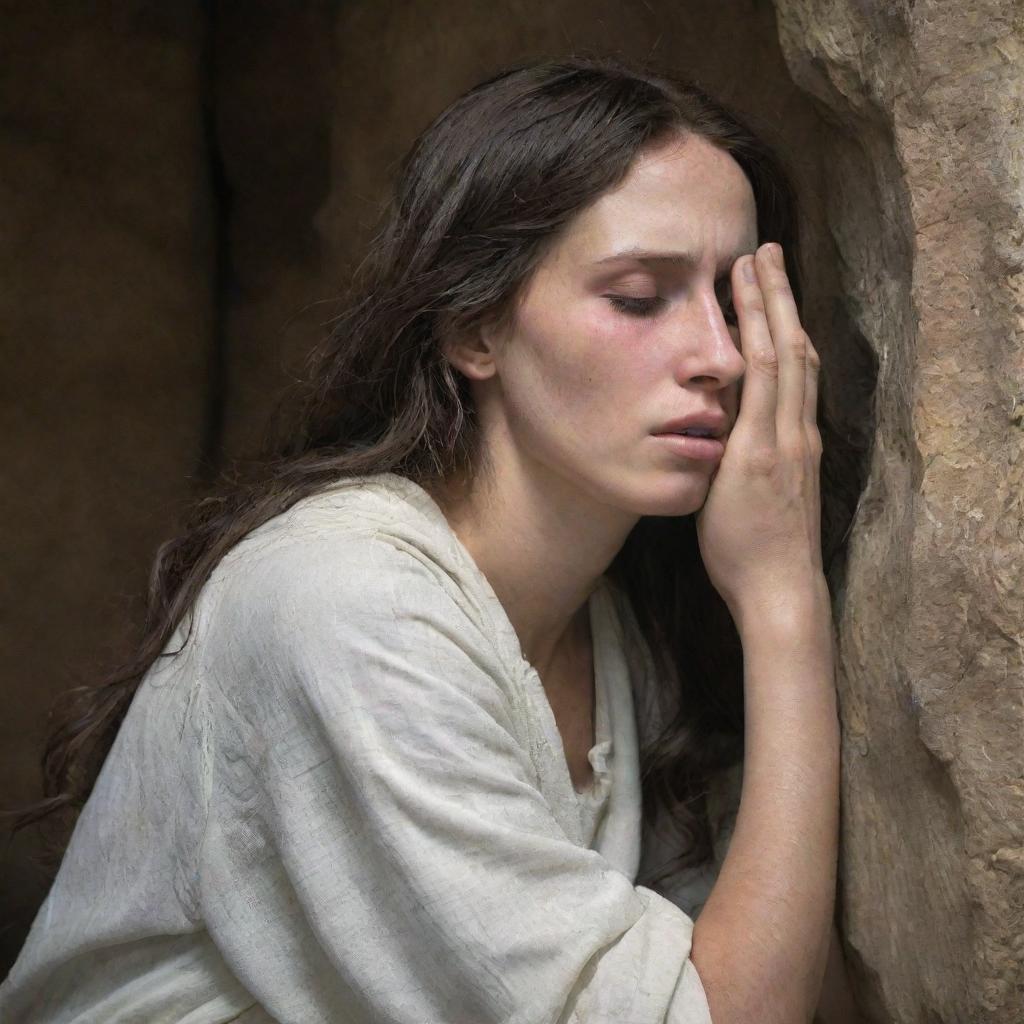 A touching depiction of Mary Magdalene weeping at the tomb