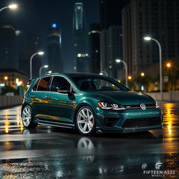 A dark green Mk7 Volkswagen Golf parked in a dimly lit cityscape at night