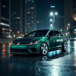 A dark green Mk7 Volkswagen Golf parked in a dimly lit cityscape at night