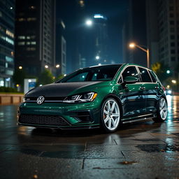 A dark green Mk7 Volkswagen Golf parked in a dimly lit cityscape at night