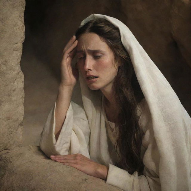 A moving scene of Mary Magdalene crying at the tomb with the figure of Christ