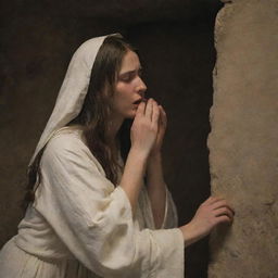 A moving scene of Mary Magdalene crying at the tomb with the figure of Christ