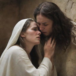 A moving scene of Mary Magdalene crying at the tomb with the figure of Christ