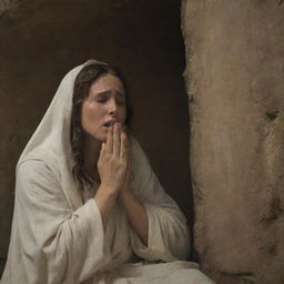 A moving scene of Mary Magdalene crying at the tomb with the figure of Christ