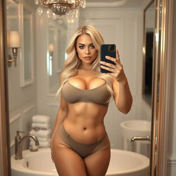 A sexy blonde woman taking a mirror selfie, showcasing her thick curves