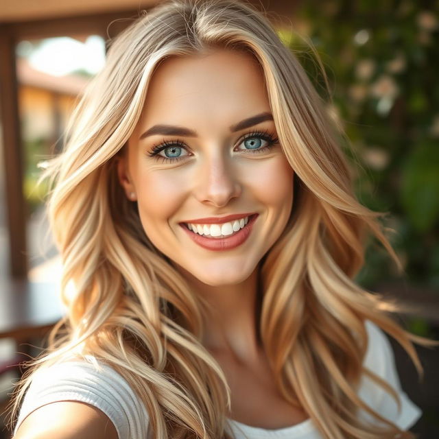 A captivating selfie of a beautiful blonde woman, showcasing her radiant smile and sparkling blue eyes