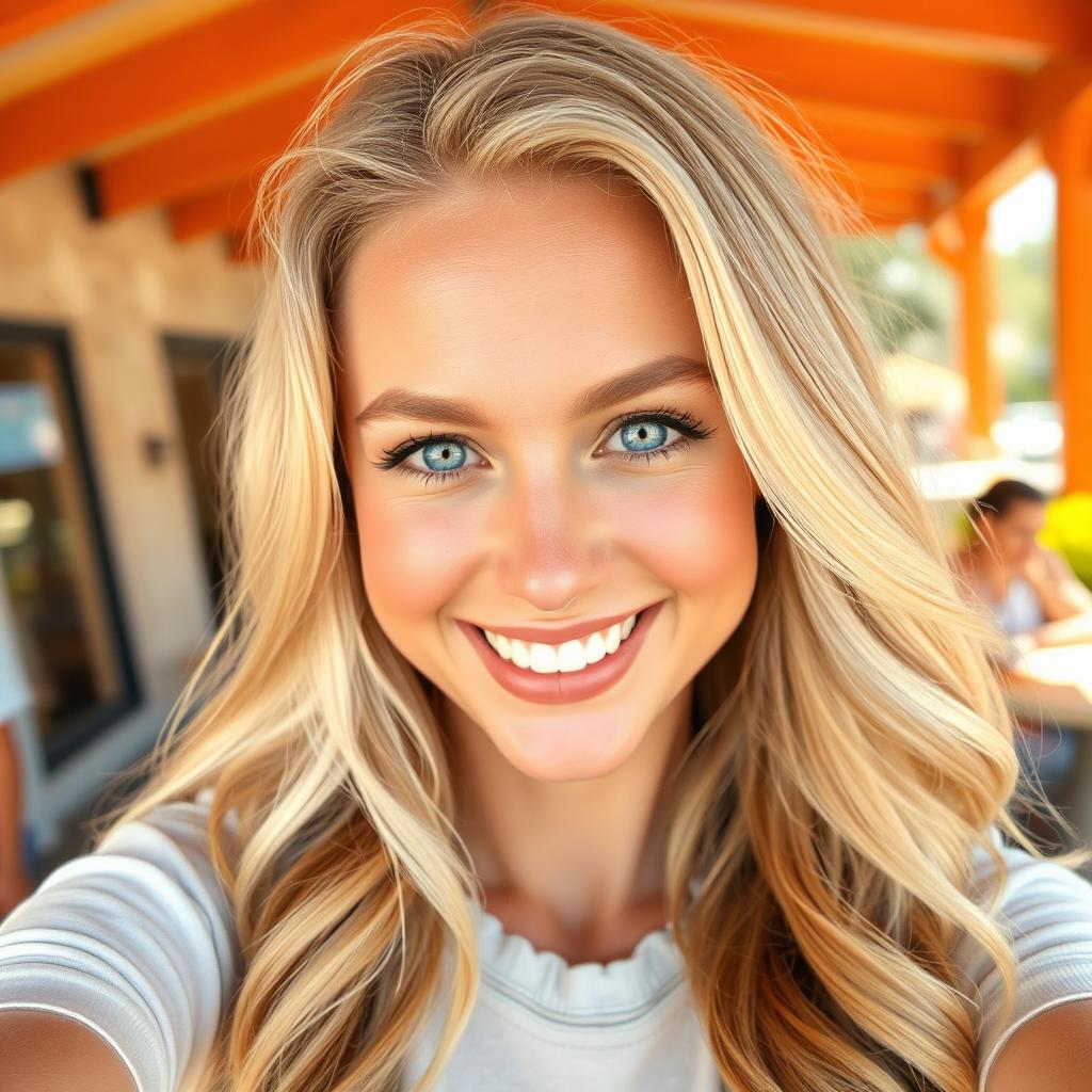 A captivating selfie of a beautiful blonde woman, showcasing her radiant smile and sparkling blue eyes