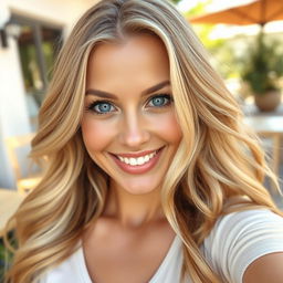 A captivating selfie of a beautiful blonde woman, showcasing her radiant smile and sparkling blue eyes