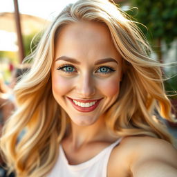 A captivating selfie of a beautiful blonde woman, showcasing her radiant smile and sparkling blue eyes