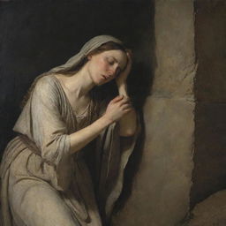 An emotional scene of Mary Magdalene weeping at the tomb, with the figure of Christ