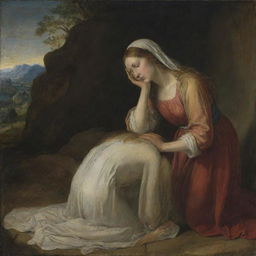 An emotional scene of Mary Magdalene weeping at the tomb, with the figure of Christ