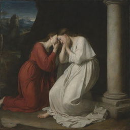 An emotional scene of Mary Magdalene weeping at the tomb, with the figure of Christ