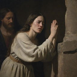 An emotional scene of Mary Magdalene weeping at the tomb, with the figure of Christ