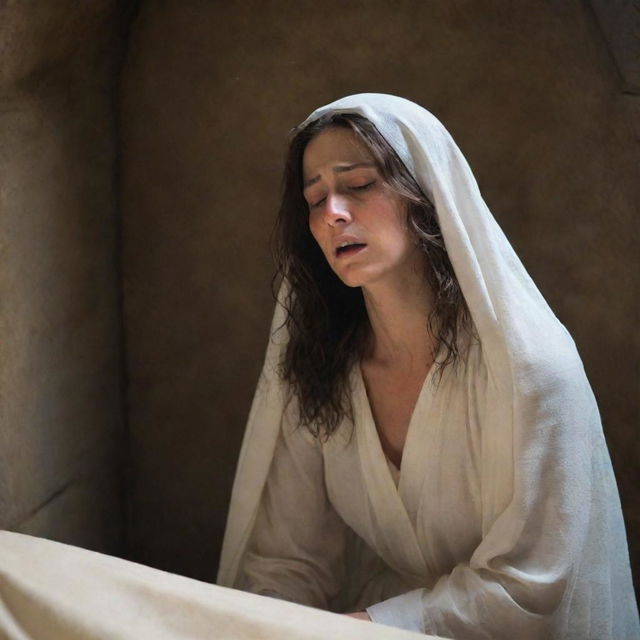 An emotional rendering of the moment when a weeping Mary Magdalene at the tomb is visited by the apparition of Christ