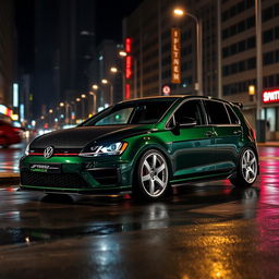 A dark green Mk7 Volkswagen Golf parked in a dimly lit cityscape at night