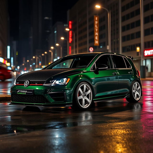 A dark green Mk7 Volkswagen Golf parked in a dimly lit cityscape at night