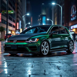 A dark green Mk7 Volkswagen Golf parked in a dimly lit cityscape at night