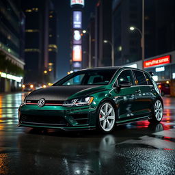 A dark green Mk7 Volkswagen Golf parked in a dimly lit cityscape at night