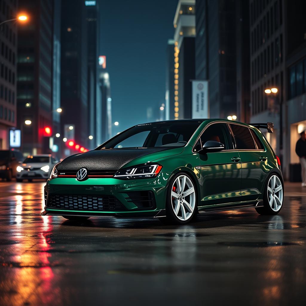 A dark green Mk7 Volkswagen Golf parked in a dimly lit cityscape at night