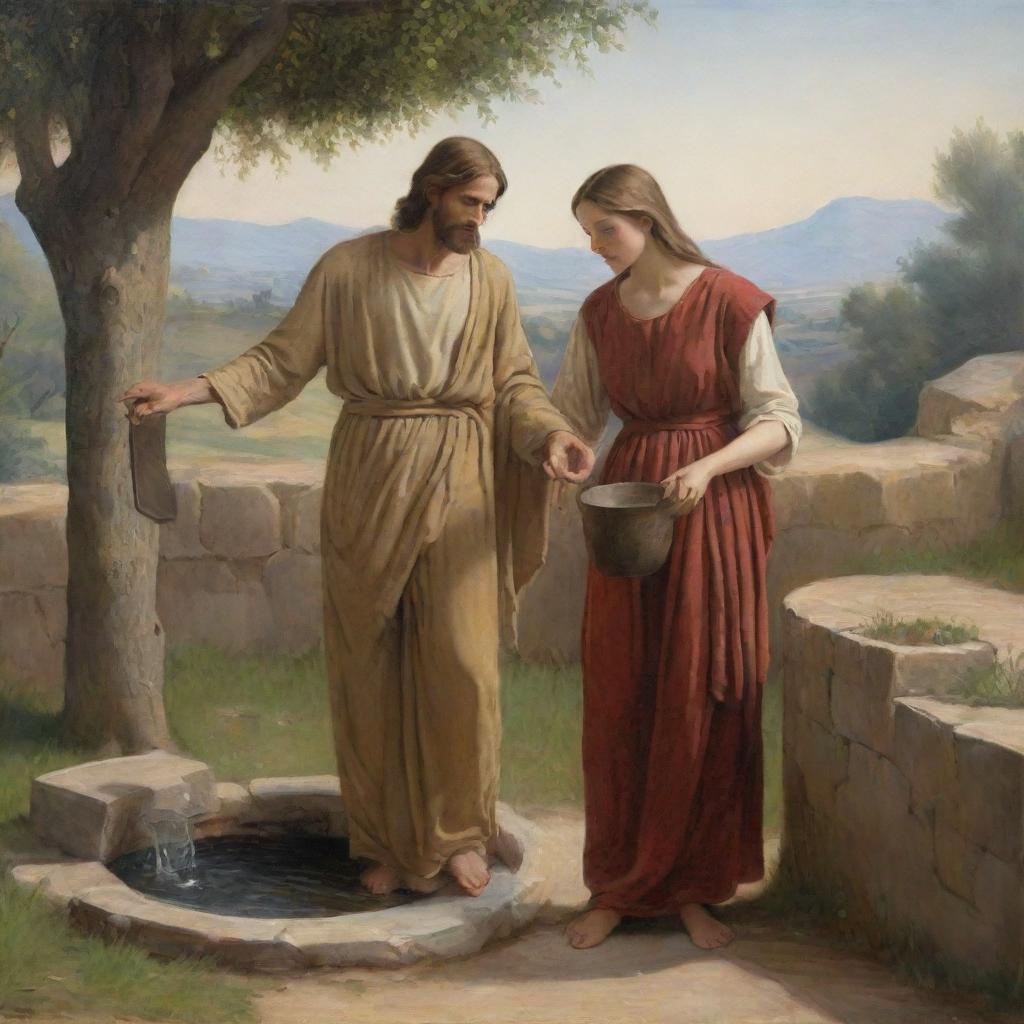 Depict the biblical scene of Christ and the woman at the well, in the style of artist Carl Bloch