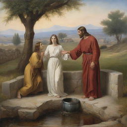 Depict the biblical scene of Christ and the woman at the well, in the style of artist Carl Bloch