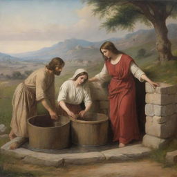 Depict the biblical scene of Christ and the woman at the well, in the style of artist Carl Bloch