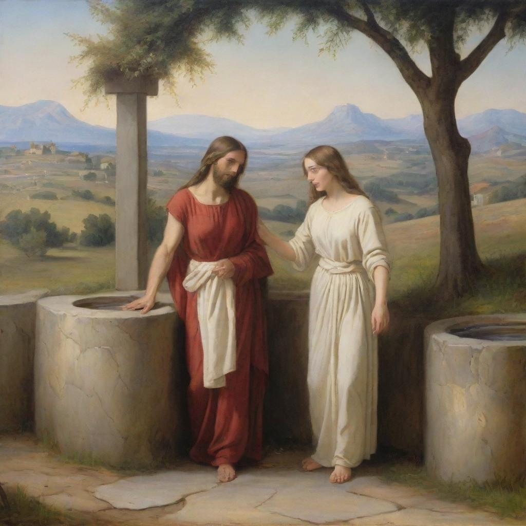 Depict the biblical scene of Christ and the woman at the well, in the style of artist Carl Bloch