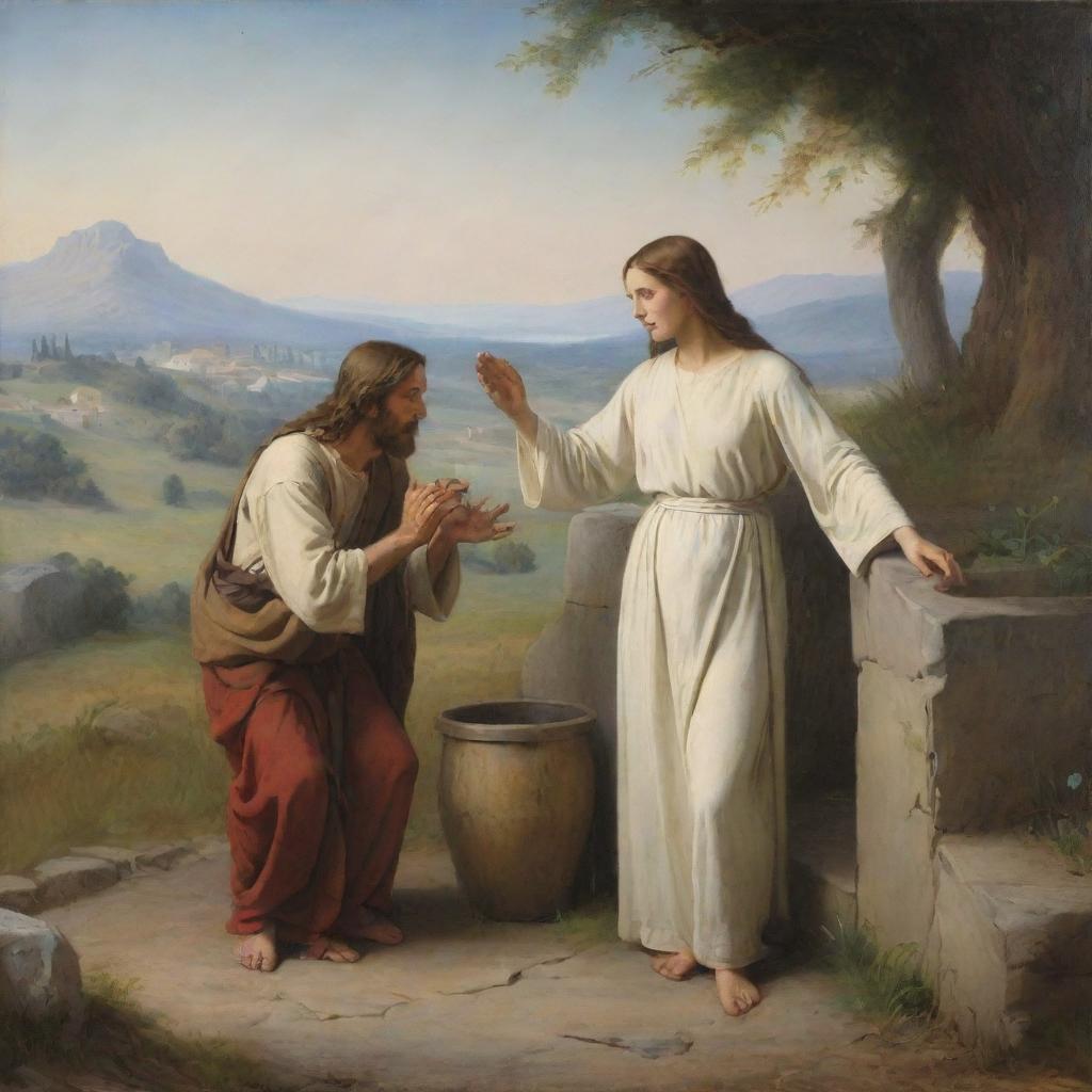 In the style of Carl Bloch, depict the meaningful encounter of Christ with the woman at the well