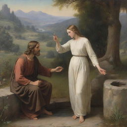 In the style of Carl Bloch, depict the meaningful encounter of Christ with the woman at the well