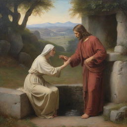 In the style of Carl Bloch, depict the meaningful encounter of Christ with the woman at the well